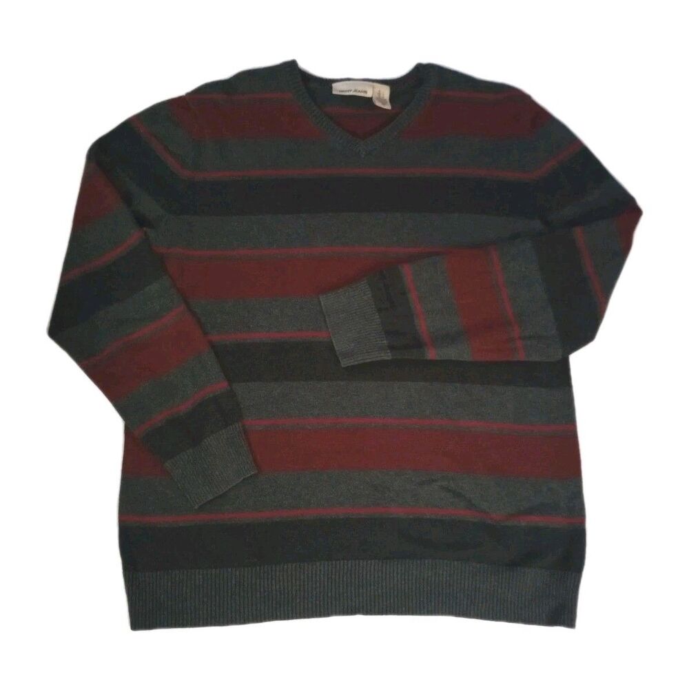 DKNY Jeans Gray/Red Striped Long Sleeve Sweater Top sz L Mens 100% Cotton